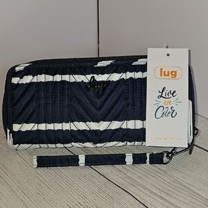 NWT Lug Straddle Zip Around RFDI Wallet/Wristlet Navy & White Stripe